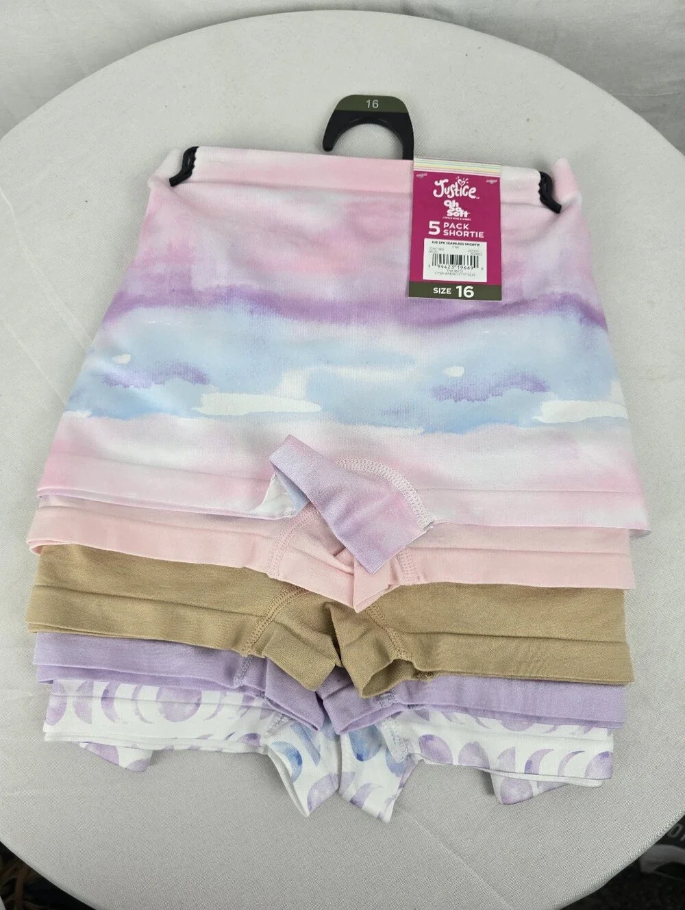Justice Girls 5-Pack Shortie Underwear - Pastel Tie-Dye & Neutrals (Size 16)